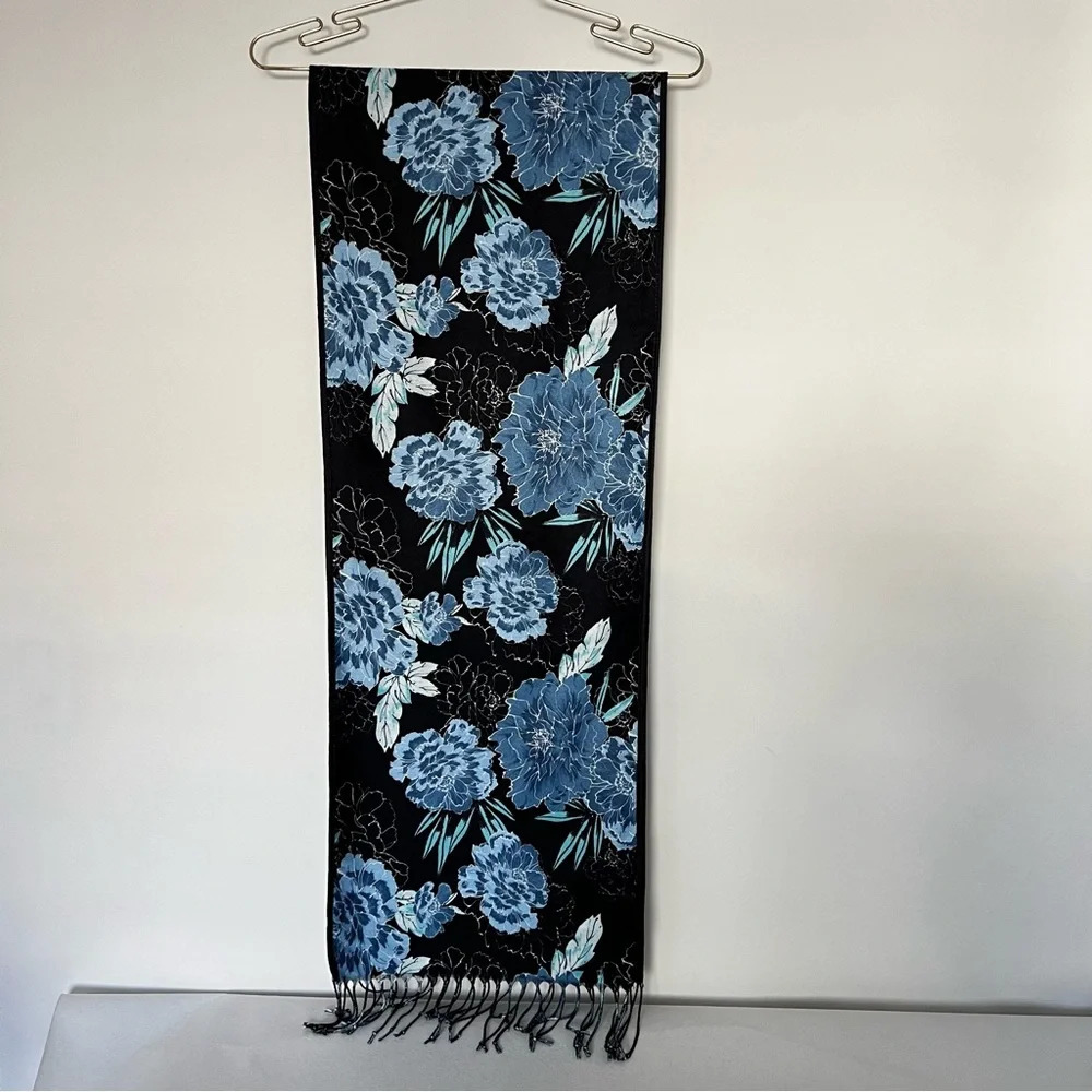 Chico's Black Scarf with Blue Floral Print